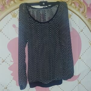 New York & Company Women’s size L Black White Polka Dots Long Sleeves Sheer Top